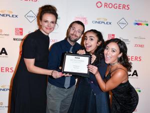 (from left) Presenter Carolina Bartczak with 'Breadwinner' producer Andrew Rosen and actors actors Saara Chaudry and Soma Chhay
