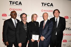 Rogers Best Canadian Film Award Winner Ashley McKenzie with (from left) host Cameron Bailey, presenter Don McKellar, Rogers Vice-Chair Phil Lind, TFCA President Peter Howell